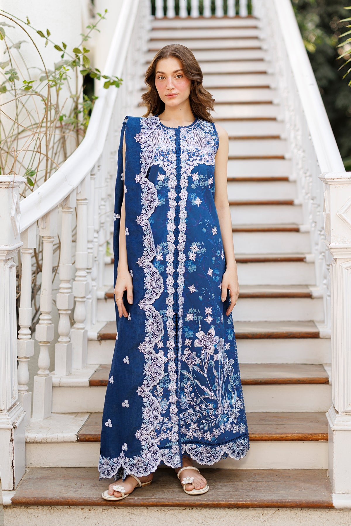 Women Wearing Celestara Blue Long Shirt  For Luxury Events - Pakistani Designer Wear For Women In Uk | Kifat