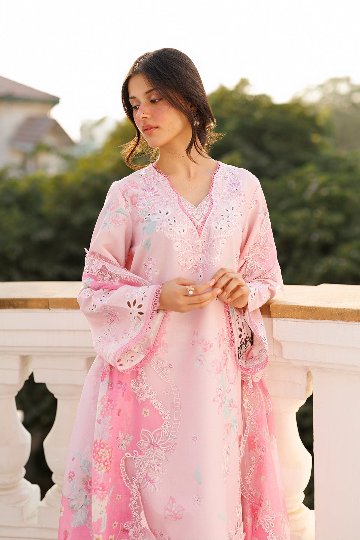 Women Wearing Amoura Pink Long Shirt  For Luxury Events - Pakistani Designer Wear For Women In Uk | Kifat