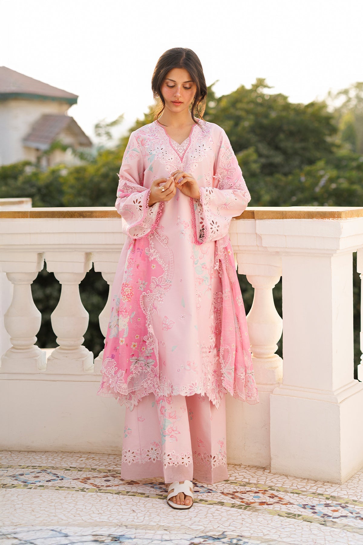 Women Wearing Amoura Pink Long Shirt  For Luxury Events - Pakistani Designer Wear For Women In Uk | Kifat