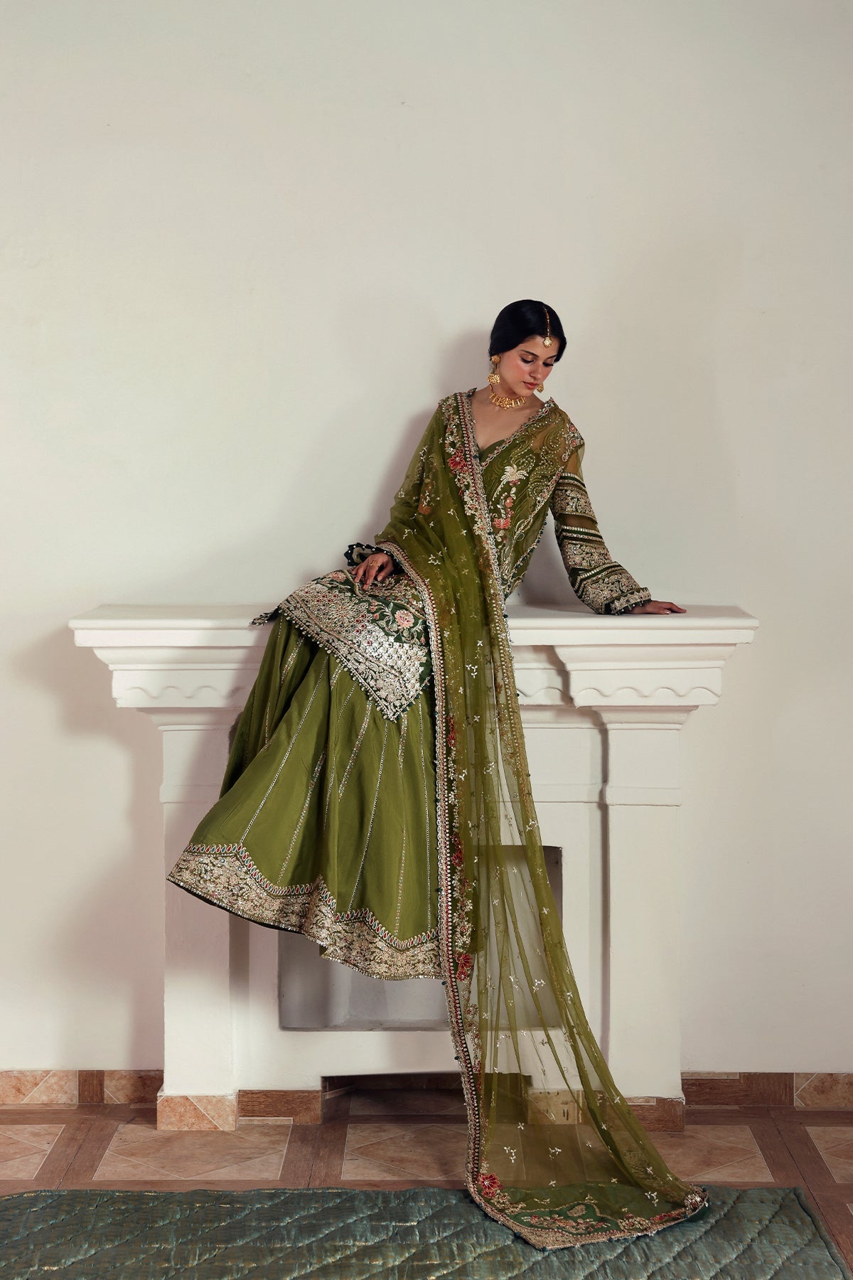 Women Wearing Zoon Olive Shirt With Sharara  For Festive Events - Pakistani Designer Wear For Women In Uk | Kifat