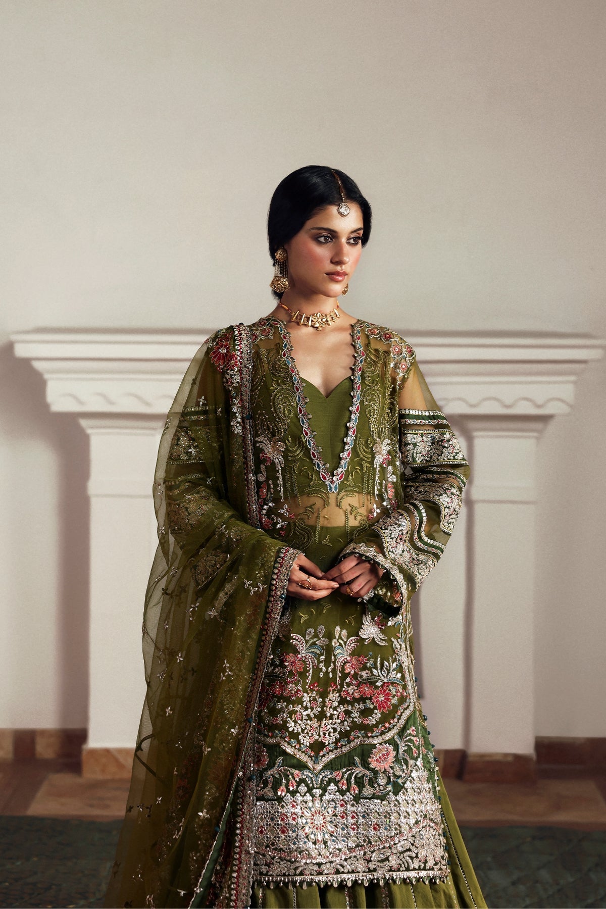 Women Wearing Zoon Olive Shirt With Sharara  For Festive Events - Pakistani Designer Wear For Women In Uk | Kifat