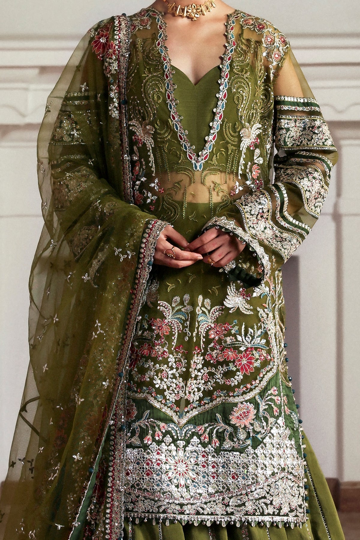 Women Wearing Zoon Olive Shirt With Sharara  For Festive Events - Pakistani Designer Wear For Women In Uk | Kifat