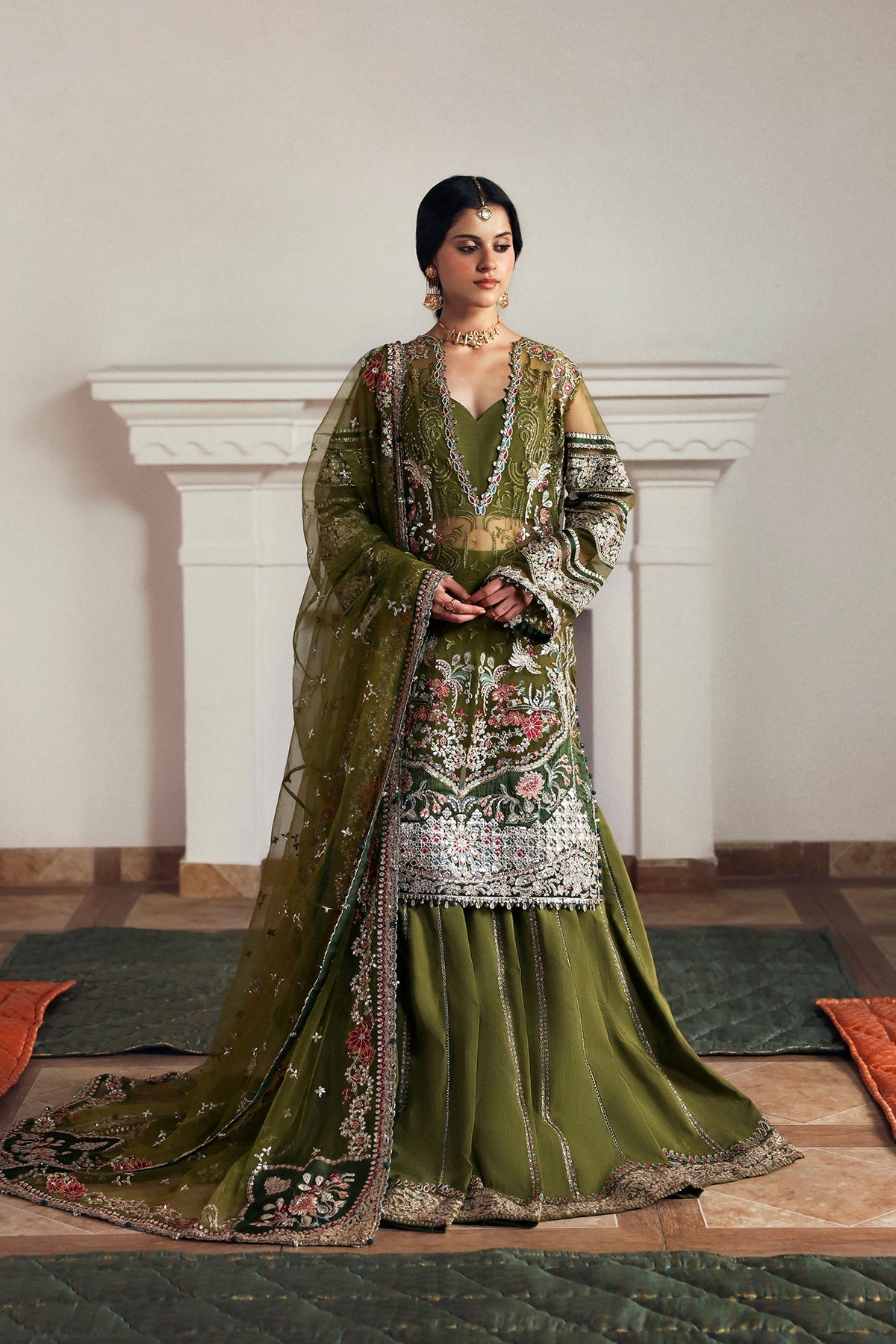 Women Wearing Zoon Olive Shirt With Sharara  For Festive Events - Pakistani Designer Wear For Women In Uk | Kifat