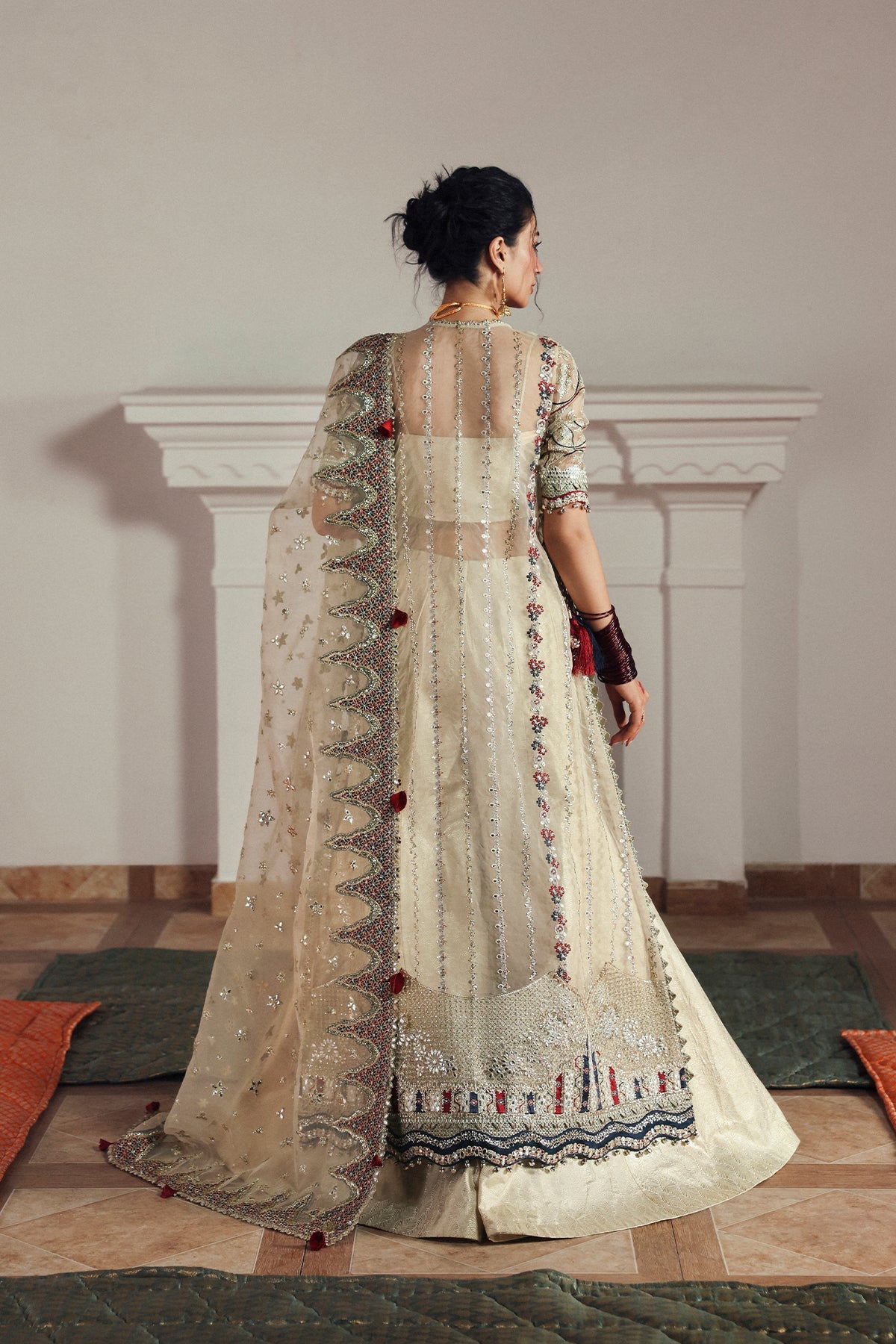 Women Wearing Shahnaz Cream Front Open Shirt  For Festive Events - Pakistani Designer Wear For Women In Uk | Kifat