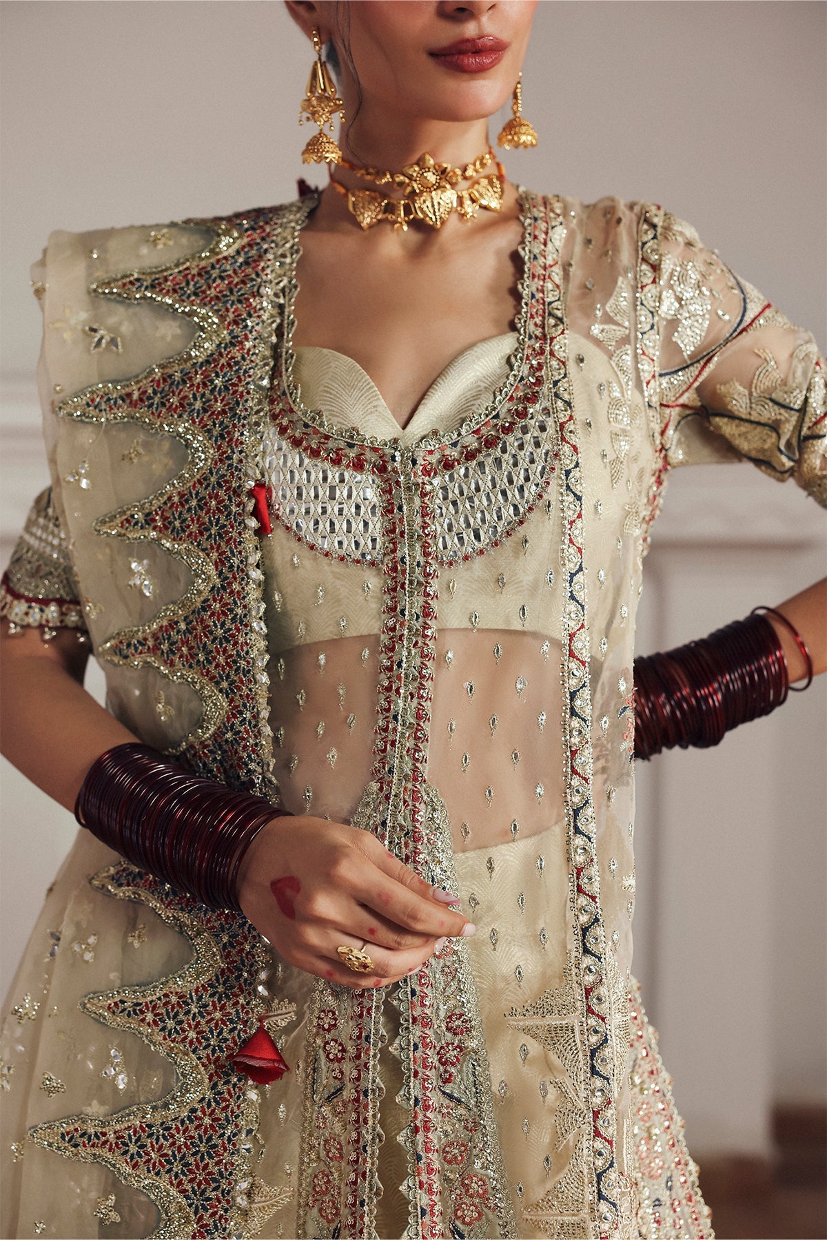 Women Wearing Shahnaz Cream Front Open Shirt  For Festive Events - Pakistani Designer Wear For Women In Uk | Kifat