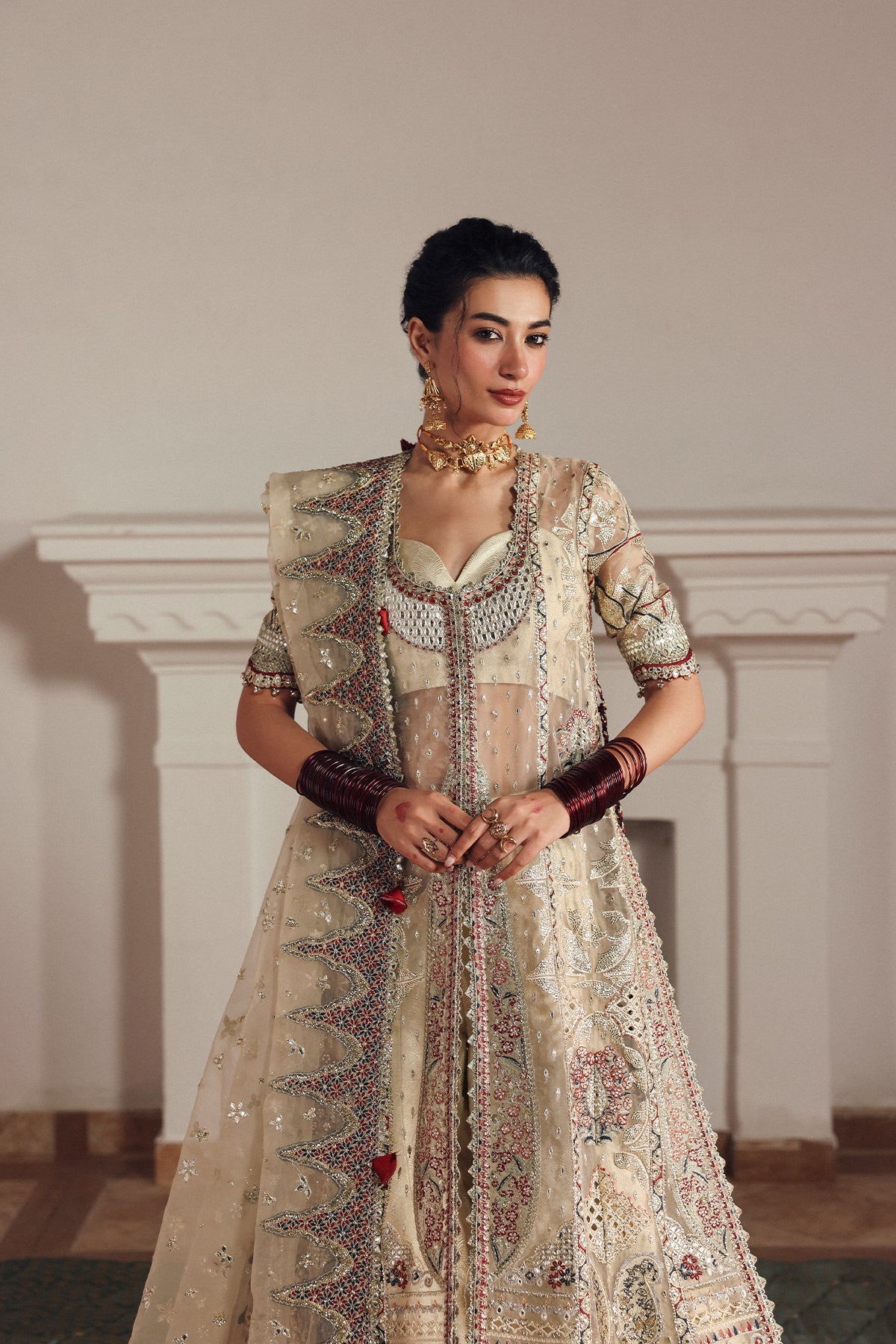Women Wearing Shahnaz Cream Front Open Shirt  For Festive Events - Pakistani Designer Wear For Women In Uk | Kifat