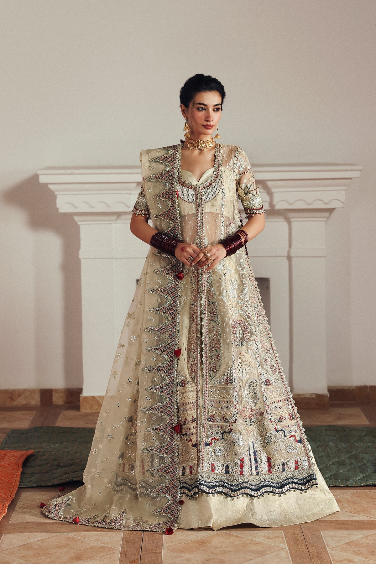 Women Wearing Shahnaz Cream Front Open Shirt  For Festive Events - Pakistani Designer Wear For Women In Uk | Kifat