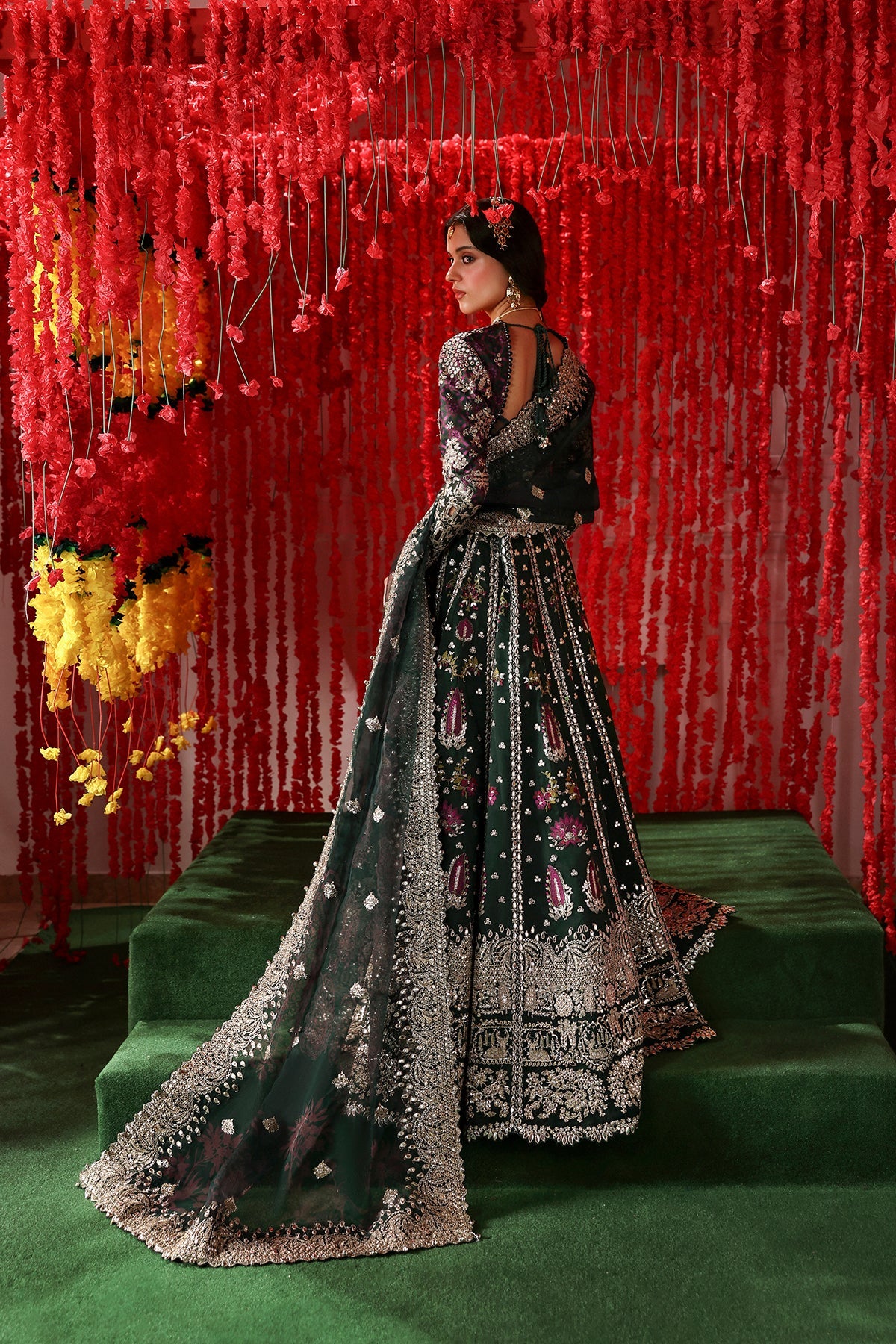 Women Wearing Shonglam Dark Green Lehnga Choli  For Festive Events - Pakistani Designer Wear For Women In Uk | Kifat