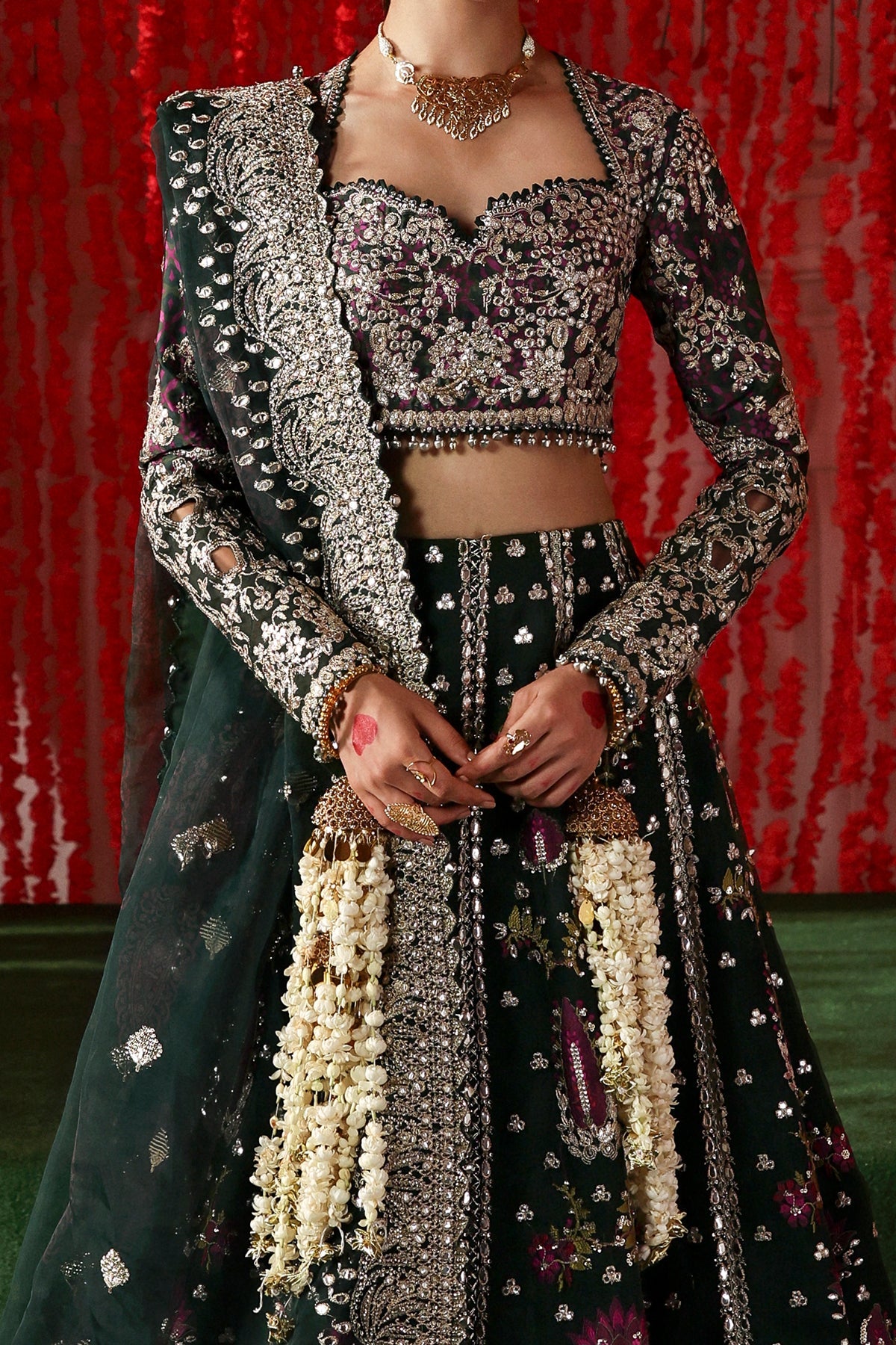 Women Wearing Shonglam Dark Green Lehnga Choli  For Festive Events - Pakistani Designer Wear For Women In Uk | Kifat