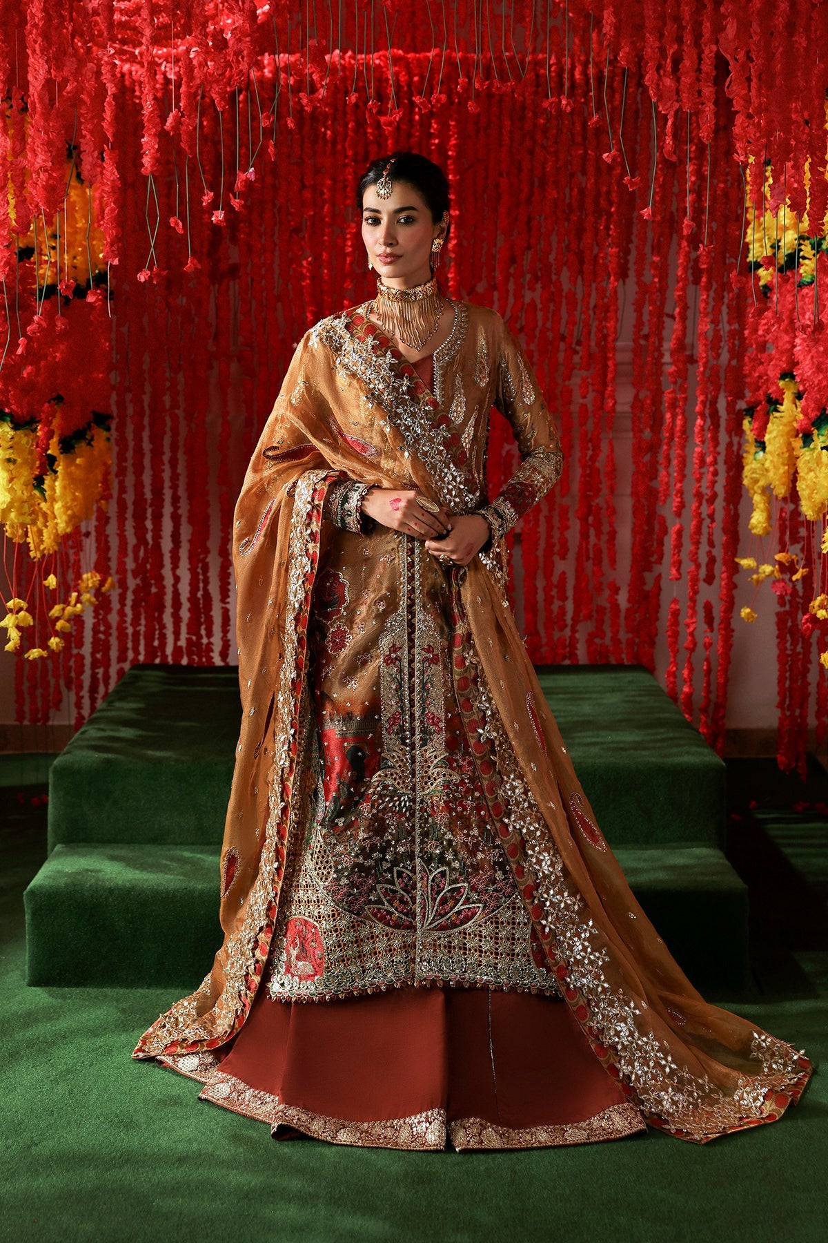 Women Wearing Poshna Peach Front Open Shirt  For Festive Events - Pakistani Designer Wear For Women In Uk | Kifat