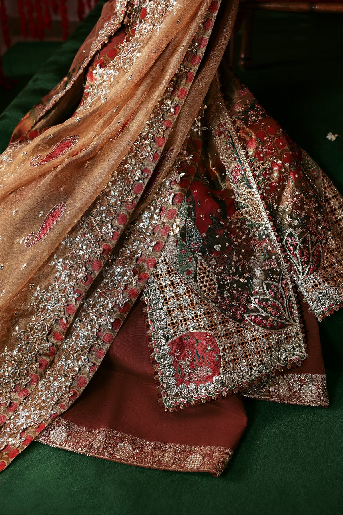 Women Wearing Poshna Peach Front Open Shirt  For Festive Events - Pakistani Designer Wear For Women In Uk | Kifat
