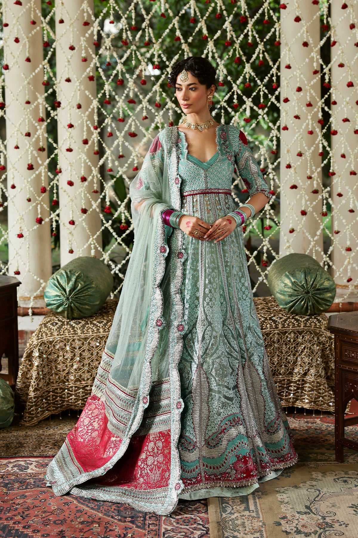Women Wearing Zanzar Dark Aqua Peshwas  For Festive Events - Pakistani Designer Wear For Women In Uk | Kifat